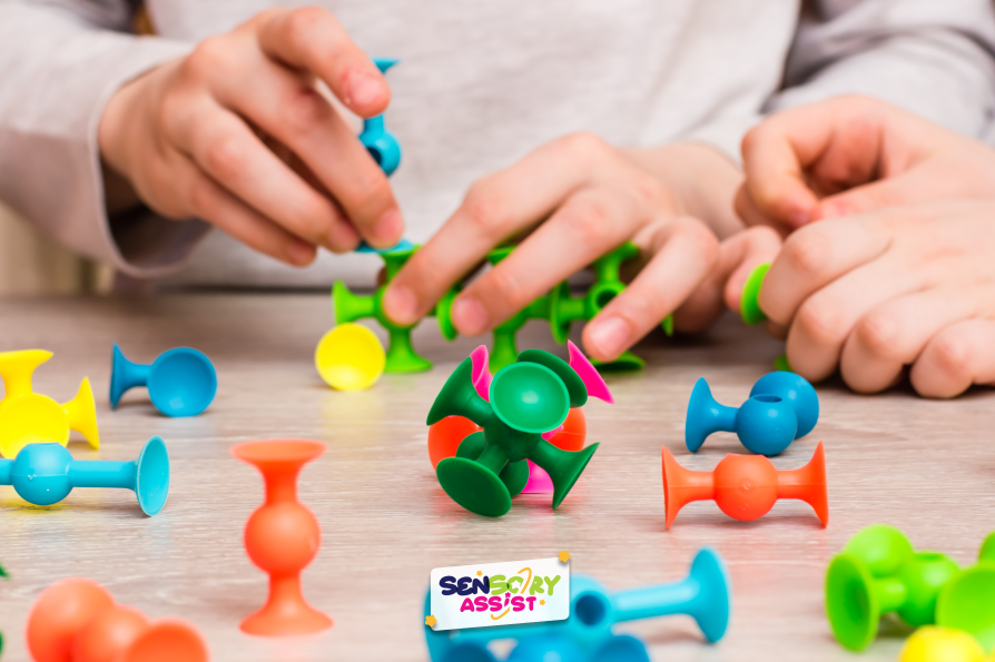 Sensory Toys Be Educational, Children connect the details of the color designer on the table.