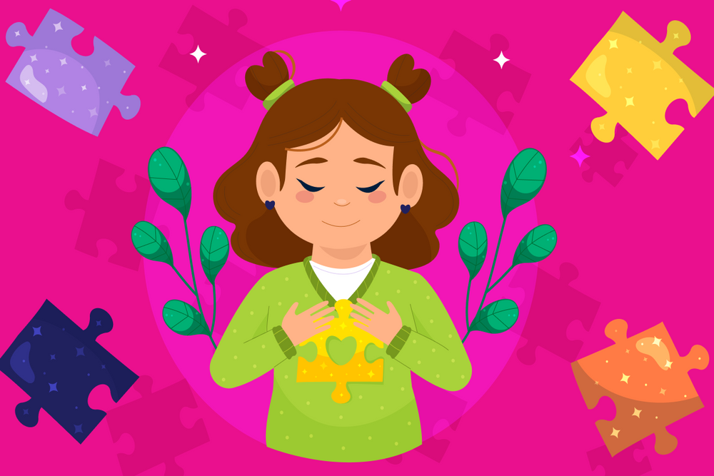 Vector illustration of a calm and content young girl, sitting comfortably and feeling at ease, representing relaxation and improved focus.