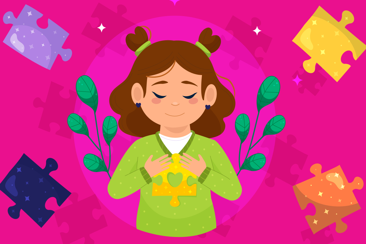 Vector illustration of a calm and content young girl, sitting comfortably and feeling at ease, representing relaxation and improved focus.