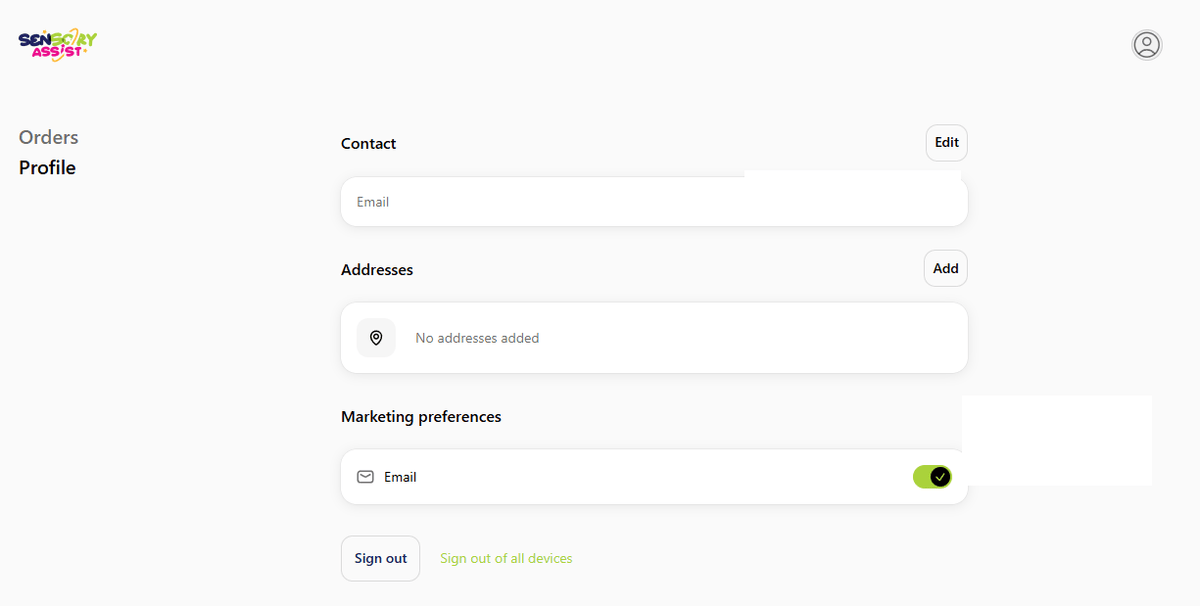 Sensory Assist account showing Addresses and the Add button