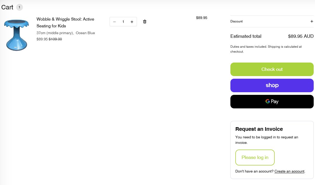 Sensory Assist cart showing Request an Invoice and the login prompt