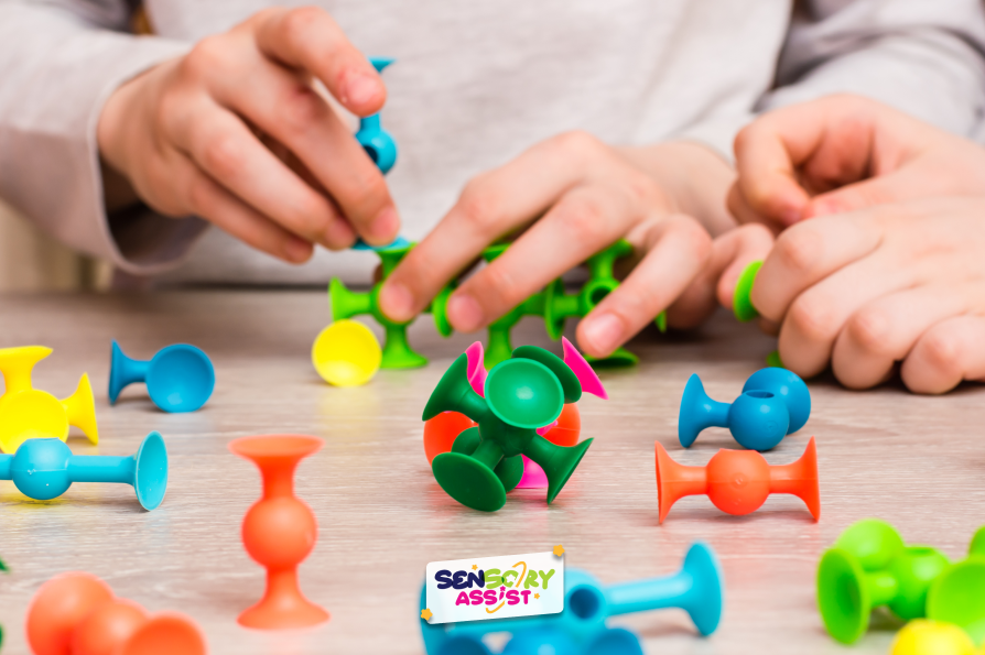 Sensory Toys Be Educational, Children connect the details of the color designer on the table. 