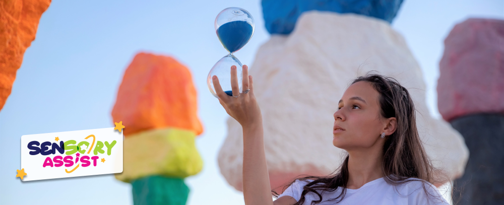 Student having a sensory break during the school day, looking at an hourglass