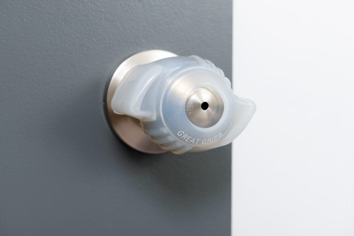 EZ Door Knob Grip fitted to a silver door knob
