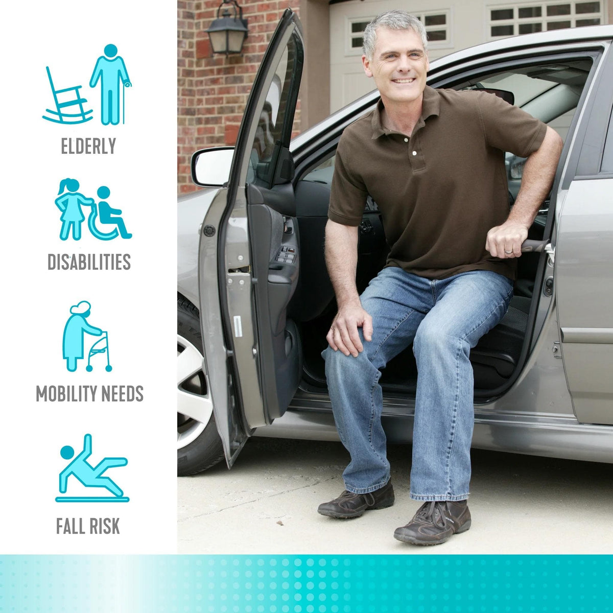 Feature overview of the Metro Car Handle Plus with a man exiting a car