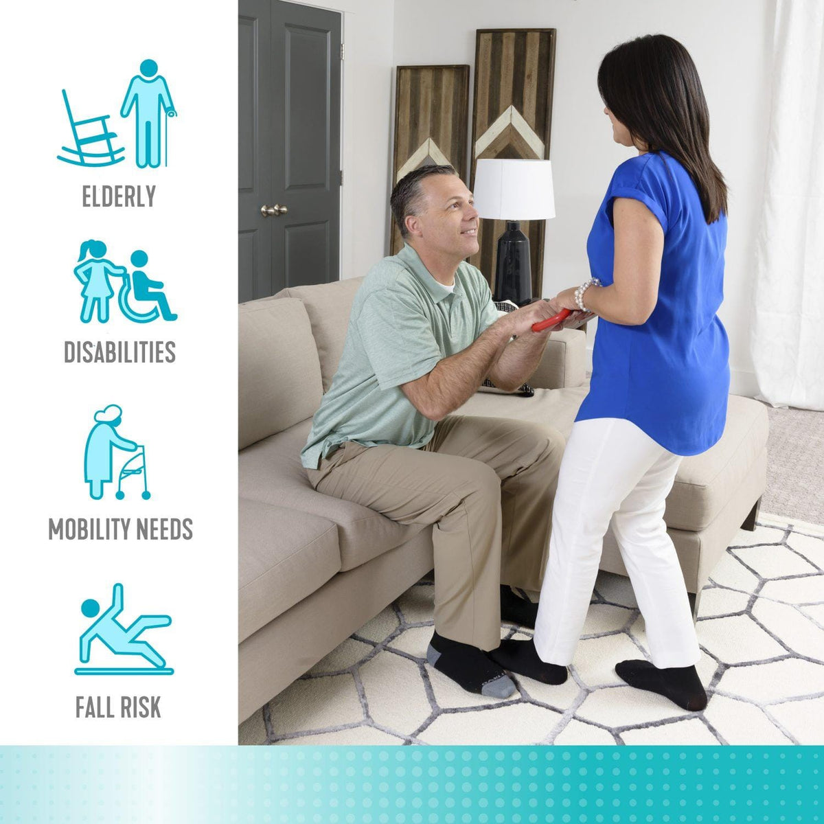 Handy Handle feature overview with carer assisting a seated man