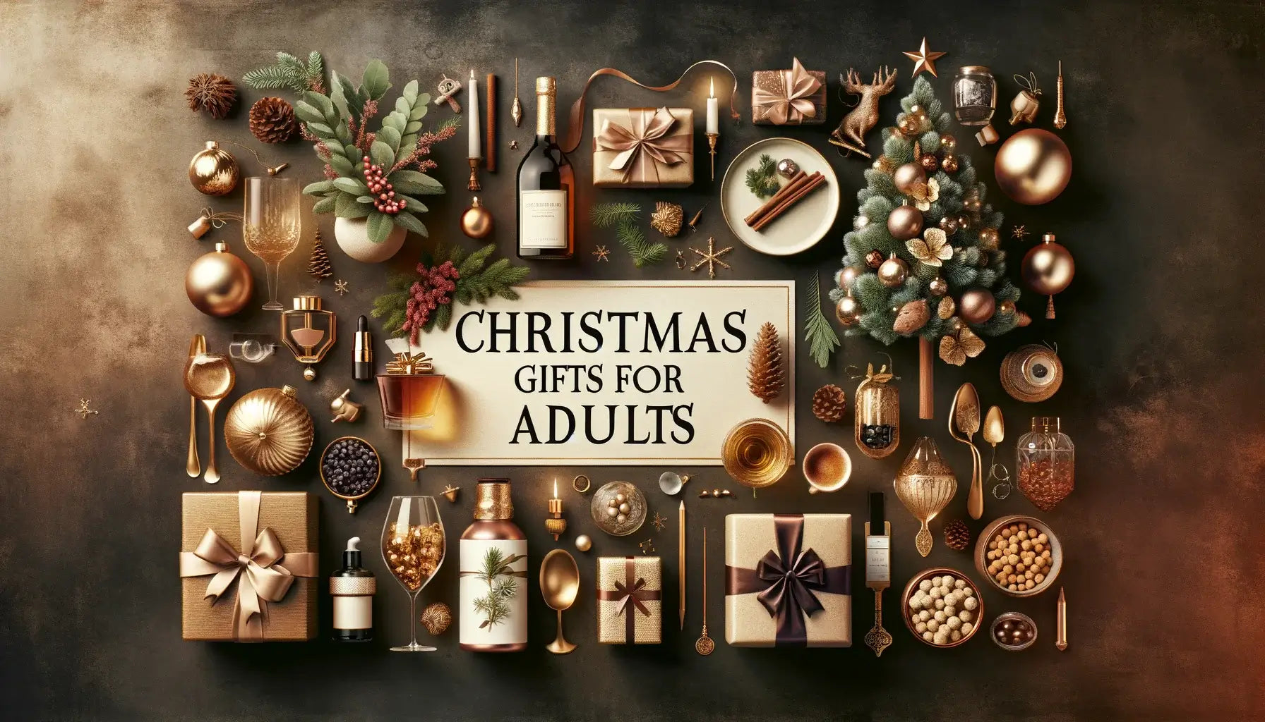 Christmas scene with a decorated tree and gifts tailored for adults, labelled 'Christmas Gifts for Adults.