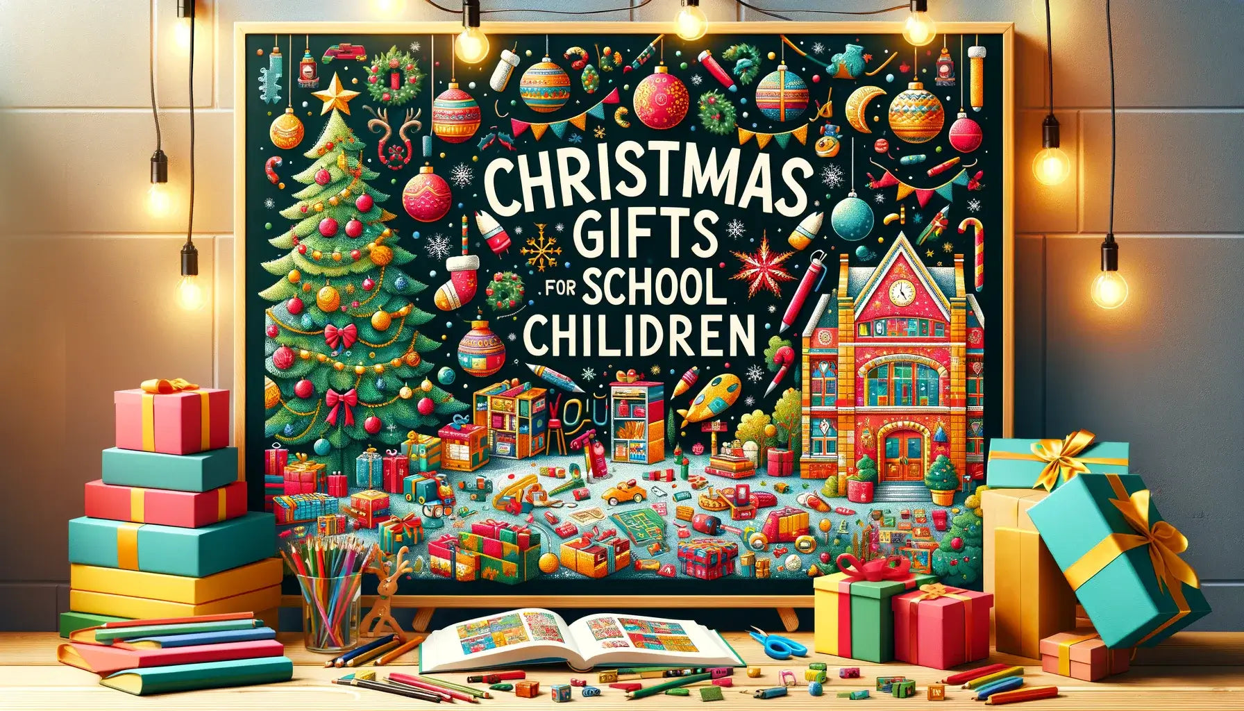 Christmas scene with a decorated tree, gifts, books, coloured pencils, and scissors labelled 'Christmas Gifts for School Children.