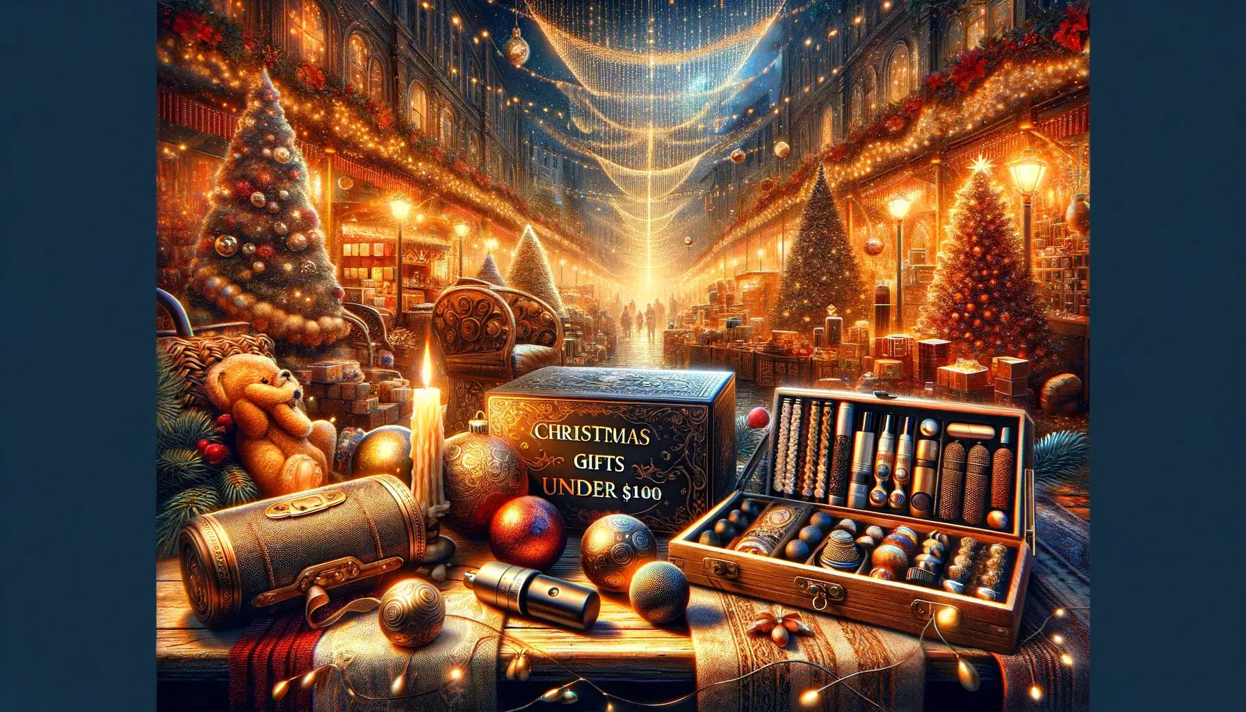 Luxurious Christmas scene with gold accents, decorative trees, and gifts labelled 'Christmas Gifts Under $100' for premium sensory gift options.