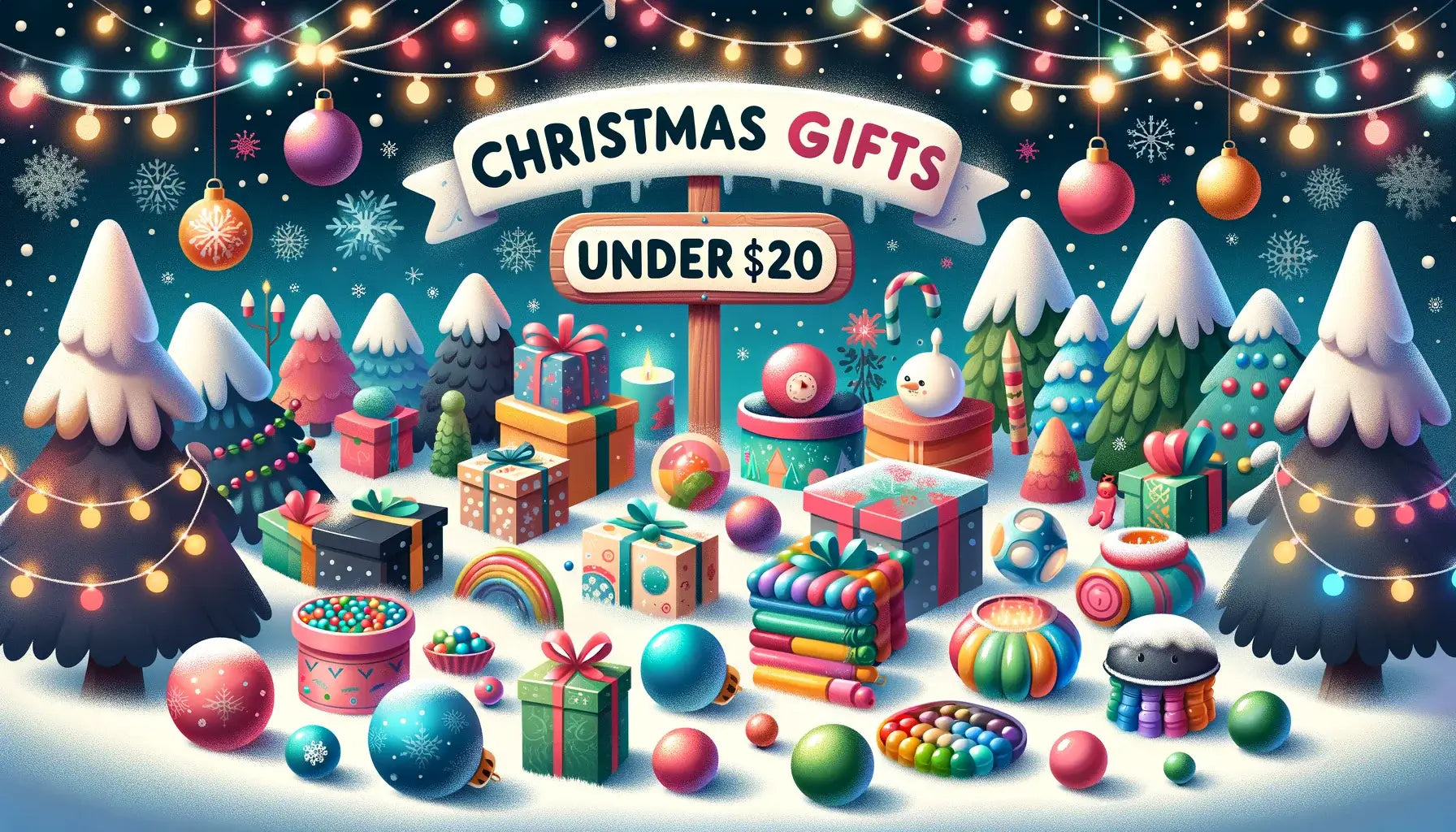 Decorative Christmas trees with lights, snow, and gifts labelled 'Christmas Gifts Under $20' for affordable sensory gift options.