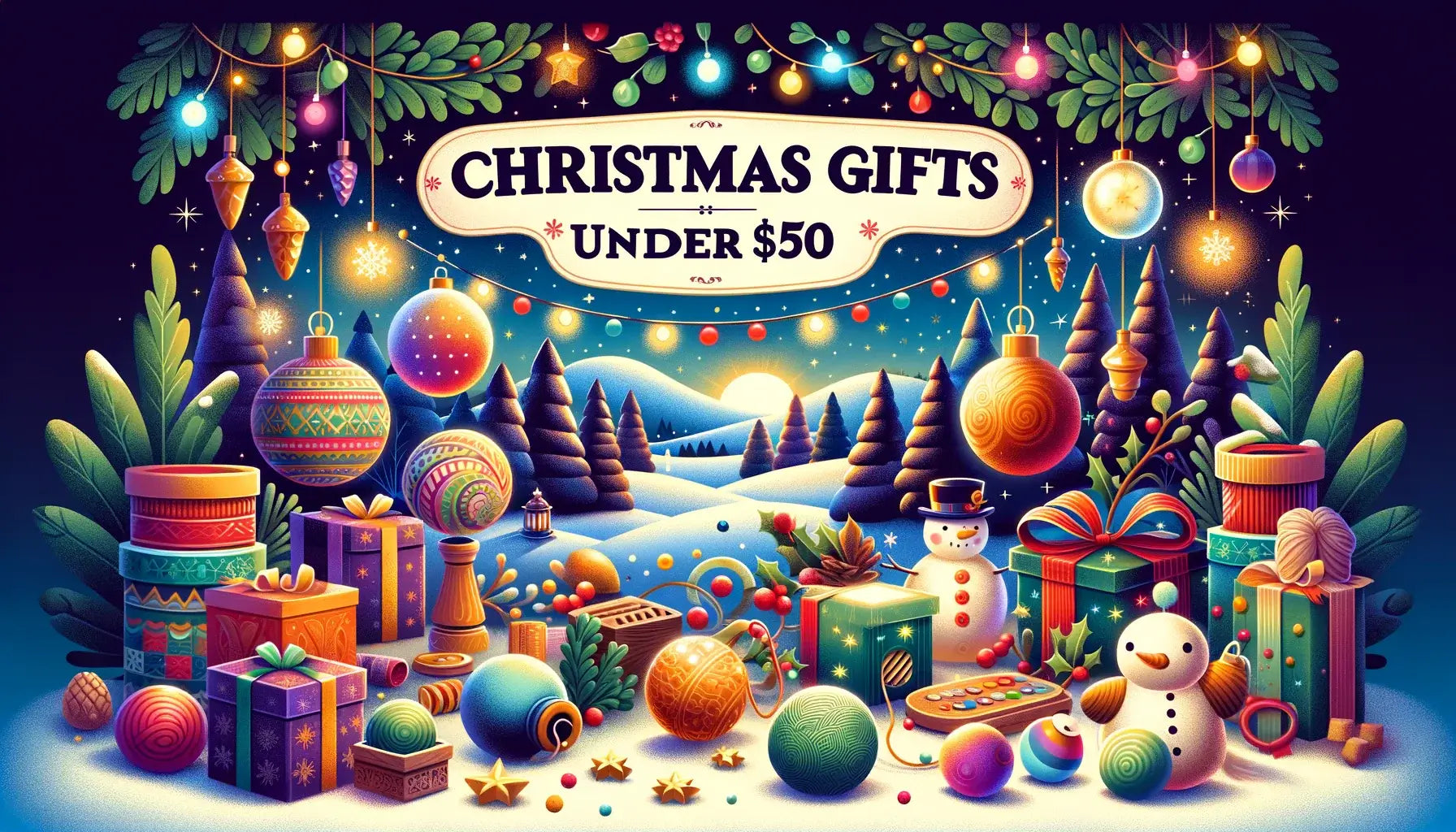 Decorative Christmas trees with lights, snow, and gifts labelled 'Christmas Gifts Under $50' for quality sensory gift options.