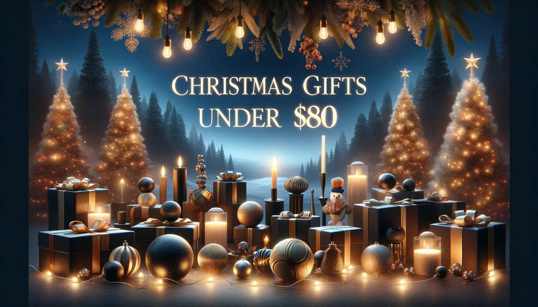 Premium Christmas scene with gold accents, decorative trees, and gifts labelled 'Christmas Gifts Under $80' for elevated sensory gift options.