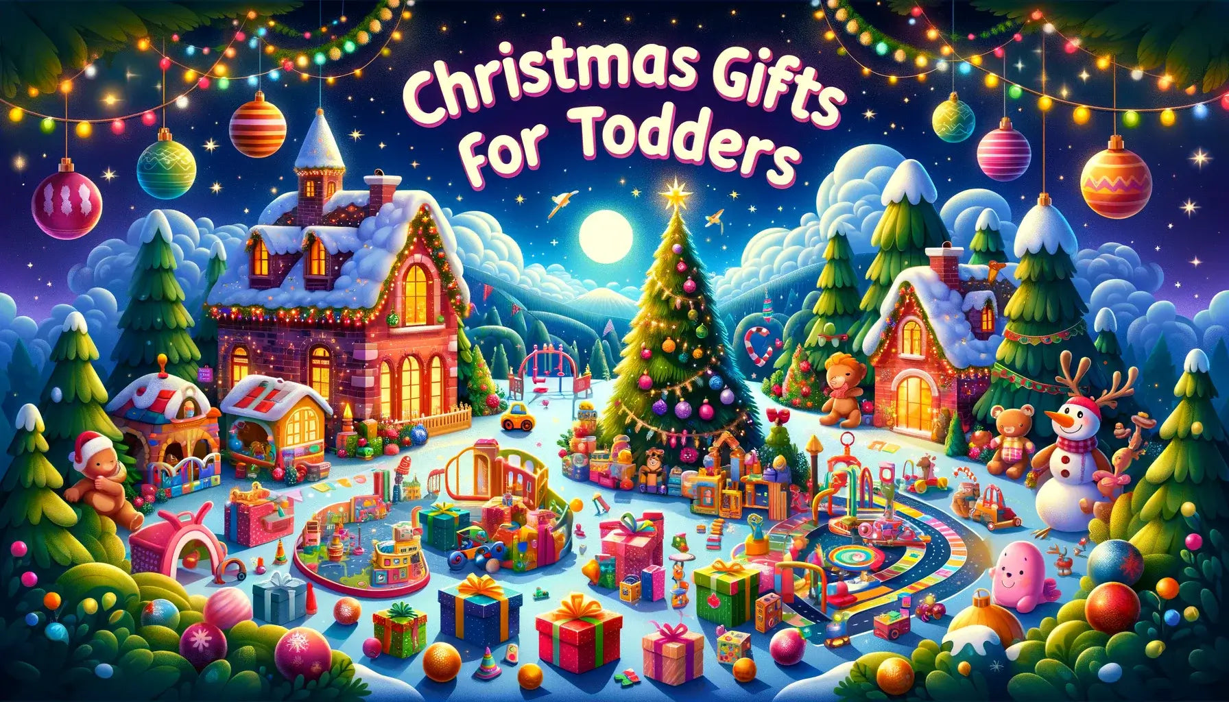 Christmas scene with a decorated tree, an array of gifts, and sensory toys for infants labelled 'Christmas Gifts for Toddlers.