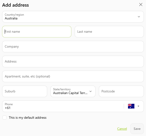 Add address form showing contact and delivery address fields