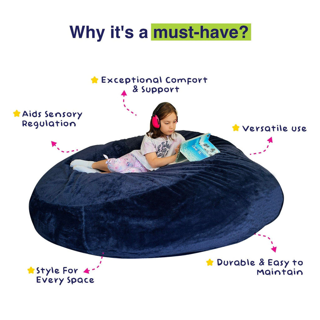 Sensory Pod feature graphic showing a child reading on a Navy Blue pod