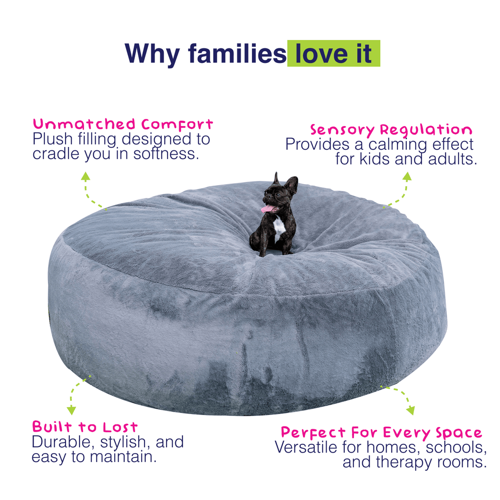 Sensory Pod feature graphic showing a Steel Grey pod with a dog